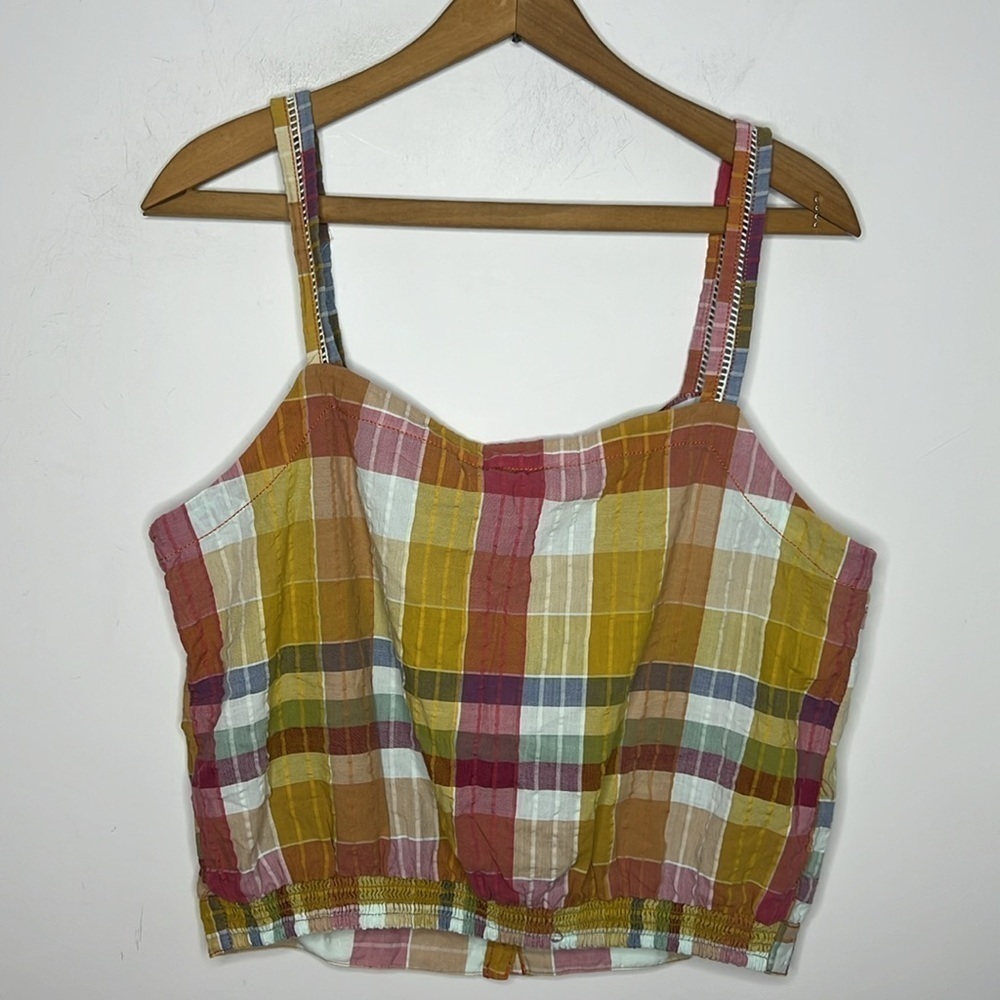 PILCRO Gingham Boho Plaid Button Down Cropped Smock Back Tank Top Blouse - Picture 11 of 14